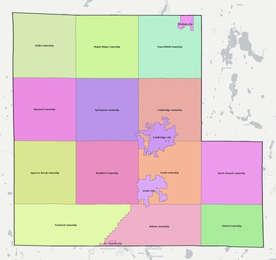 Isanti County MN townships and subdivisions map