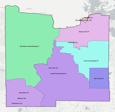 Koochiching County MN townships and subdivisions map