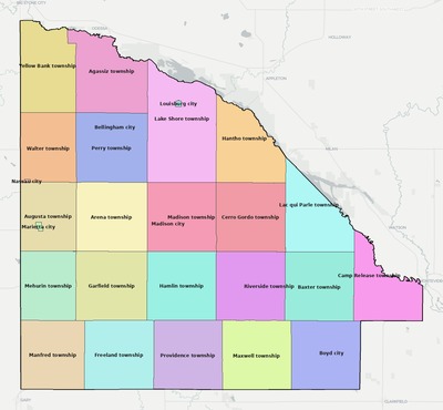 Lac qui Parle County MN townships and subdivisions map