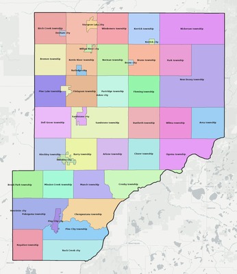 Pine County MN townships and subdivisions map