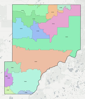 Pine County MN ZIP code boundaries map