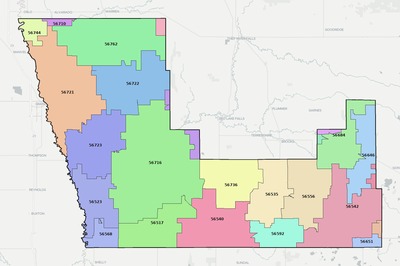 Polk County MN ZIP code boundaries map