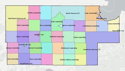 Roseau County MN townships and subdivisions map