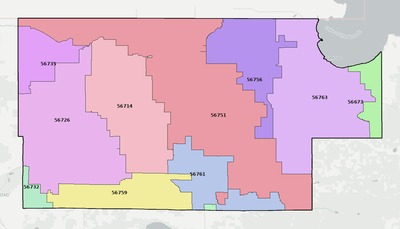 Roseau County MN ZIP code boundaries map