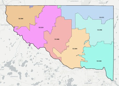 Sherburne County MN ZIP code boundaries map