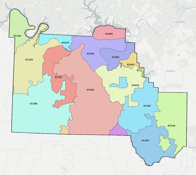 Camden County MO ZIP code boundaries map