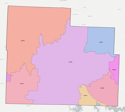Cedar County MO ZIP code boundaries map