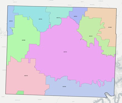 Henry County MO ZIP code boundaries map