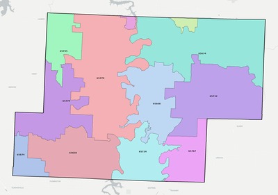 Hickory County MO ZIP code boundaries map