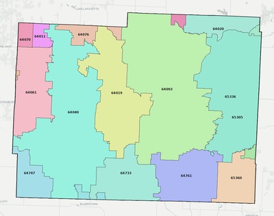 Johnson County MO ZIP code boundaries map
