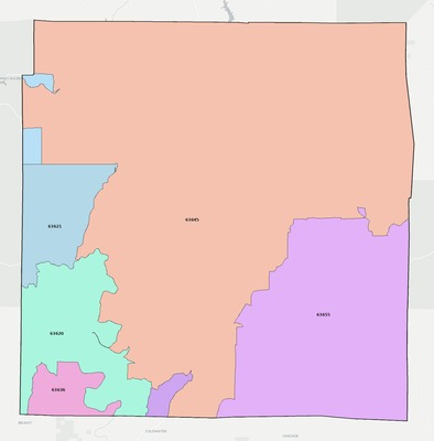 Madison County MO ZIP code boundaries map