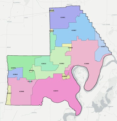 New Madrid County MO ZIP code boundaries map