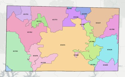 Ozark County MO ZIP code boundaries map