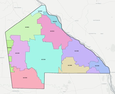 Pike County MO ZIP code boundaries map