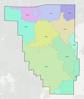 Reynolds County MO ZIP code boundaries map