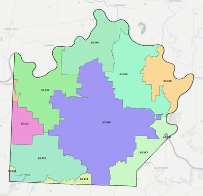 Saline County MO ZIP code boundaries map
