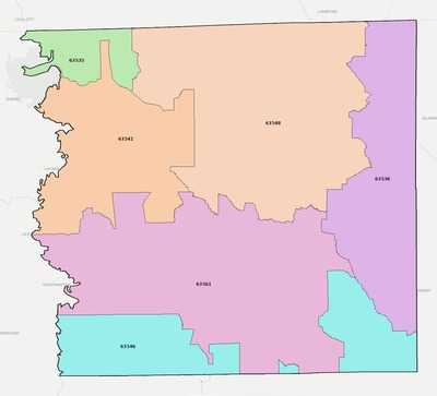 Schuyler County MO ZIP code boundaries map