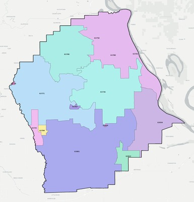 Scott County MO ZIP code boundaries map