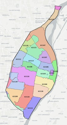 St. Louis County MO ZIP code boundaries map