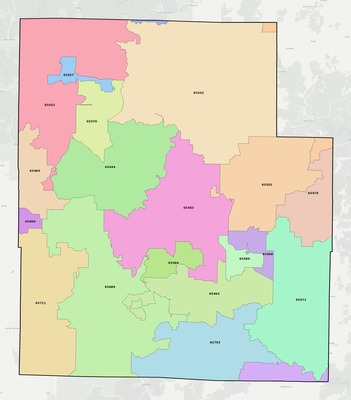 Texas County MO ZIP code boundaries map