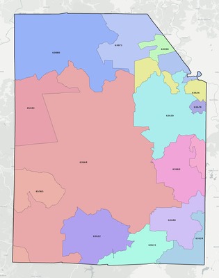 Washington County MO ZIP code boundaries map