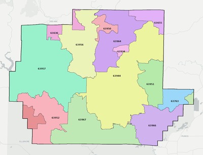 Wayne County MO ZIP code boundaries map