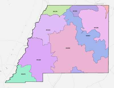 Attala County MS ZIP code boundaries map