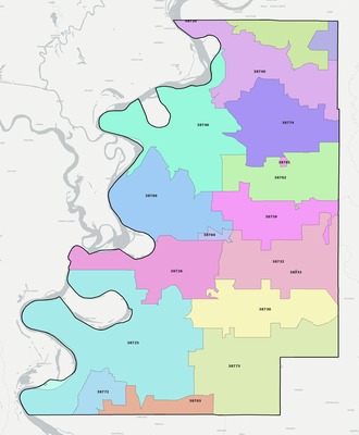 Bolivar County MS ZIP code map preview