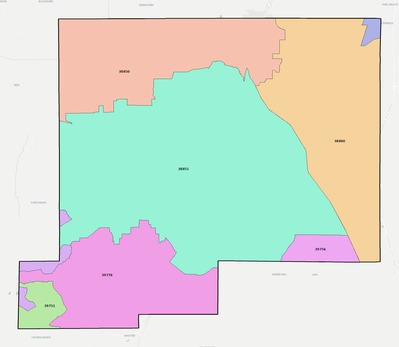 Chickasaw County MS ZIP code boundaries map