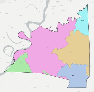 Claiborne County MS ZIP code boundaries map