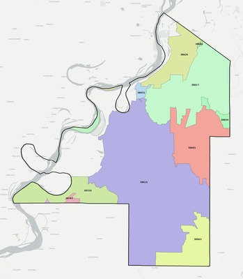 Coahoma County MS ZIP code boundaries map