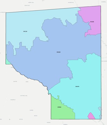 Covington County MS ZIP code boundaries map