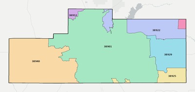 Grenada County MS ZIP code boundaries map