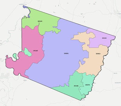 Holmes County MS ZIP code boundaries map