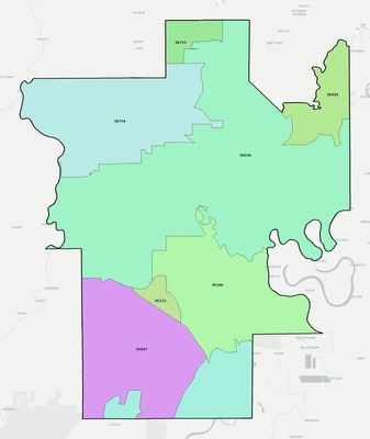 Humphreys County MS ZIP code boundaries map