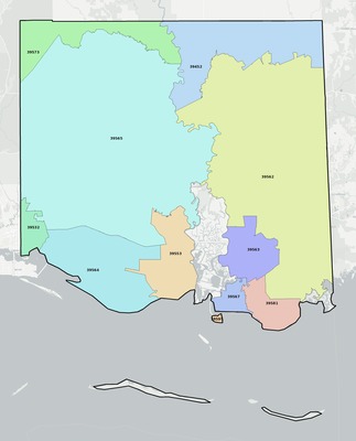Jackson County MS ZIP code boundaries map