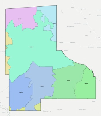 Jefferson Davis County MS ZIP code boundaries map