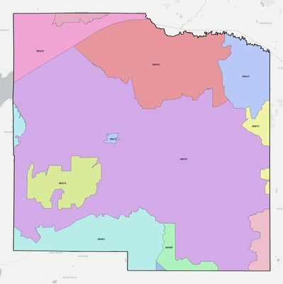 Lafayette County MS ZIP code boundaries map