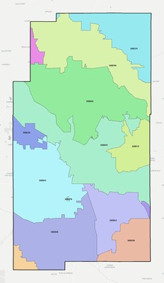 Lee County MS ZIP code boundaries map