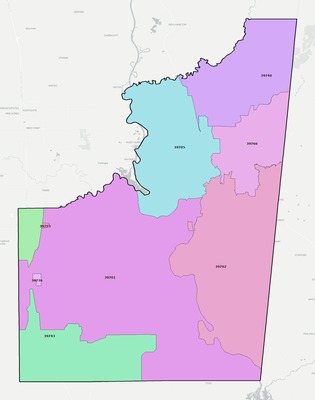 Lowndes County MS ZIP code boundaries map