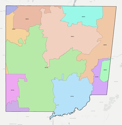 Monroe County MS ZIP code boundaries map