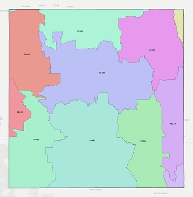 Newton County MS ZIP code boundaries map