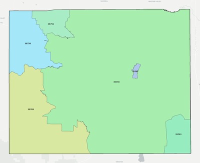 Oktibbeha County MS ZIP code boundaries map