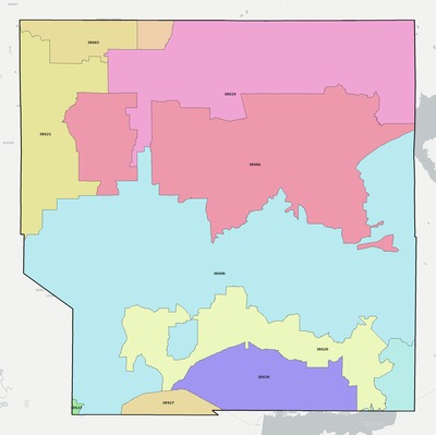 Panola County MS ZIP code boundaries map