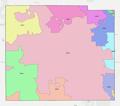 Pontotoc County MS ZIP code boundaries map