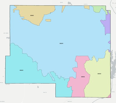 Prentiss County MS ZIP code boundaries map