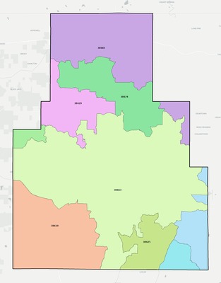 Tippah County MS ZIP code boundaries map
