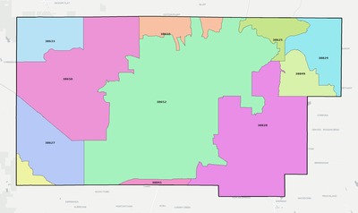 Union County MS ZIP code boundaries map