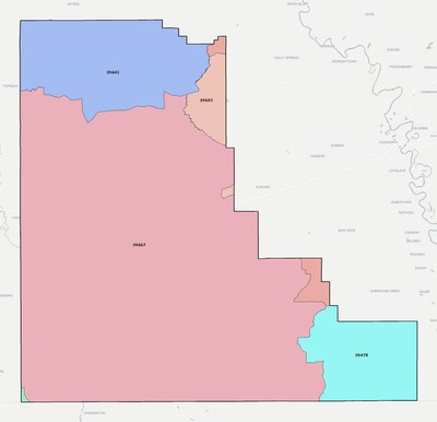 Walthall County MS ZIP code boundaries map