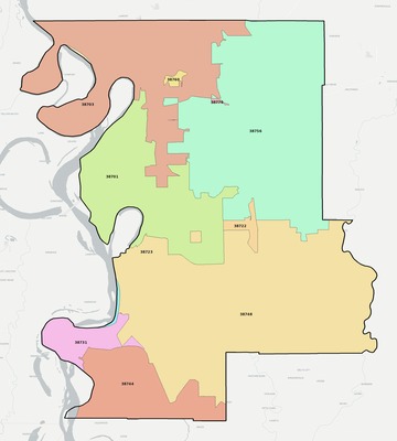Washington County MS ZIP code boundaries map